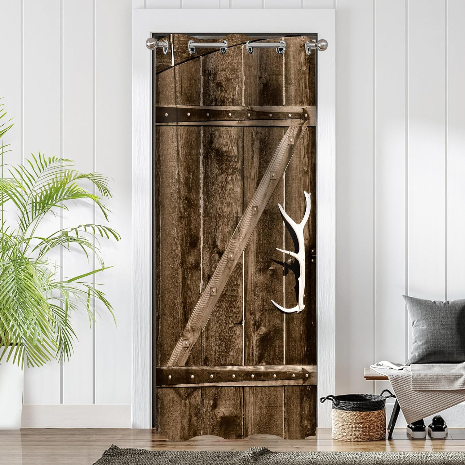 Barn Wood Door Curtains for Doorways, Rustic Village Art Antique Country Blackou