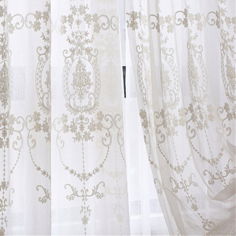 White Embroidery Floral Sheer Curtains Voile Drapes Panels Grommet Top Bedroom