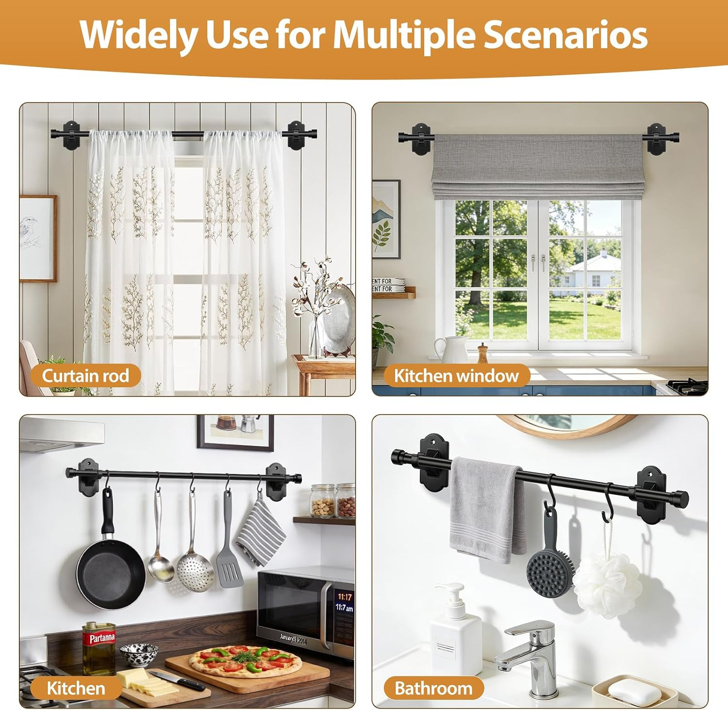 Adjustable Curtain Rod 40 to 53 Inch No Drill Adhesive Brackets Black 5 8 Rod
