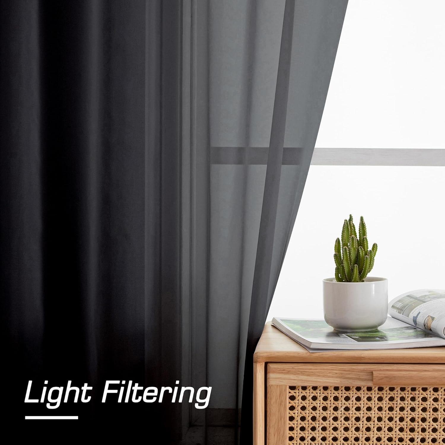 Simplebrand Black Sheer Curtains 84 Inches Long, Light Filtering Rod Pocket Soli