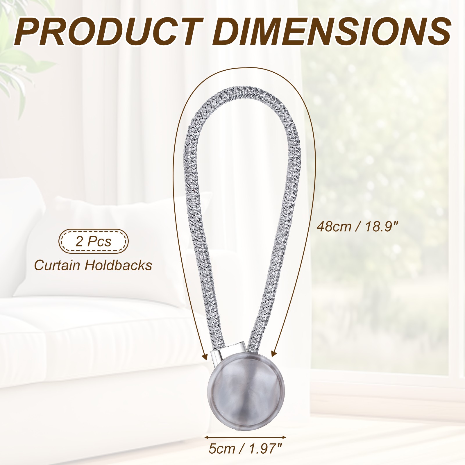 2 Pack Curtain Holdbacks with Buckle Rope Curtain Tiebacks Silver Gray