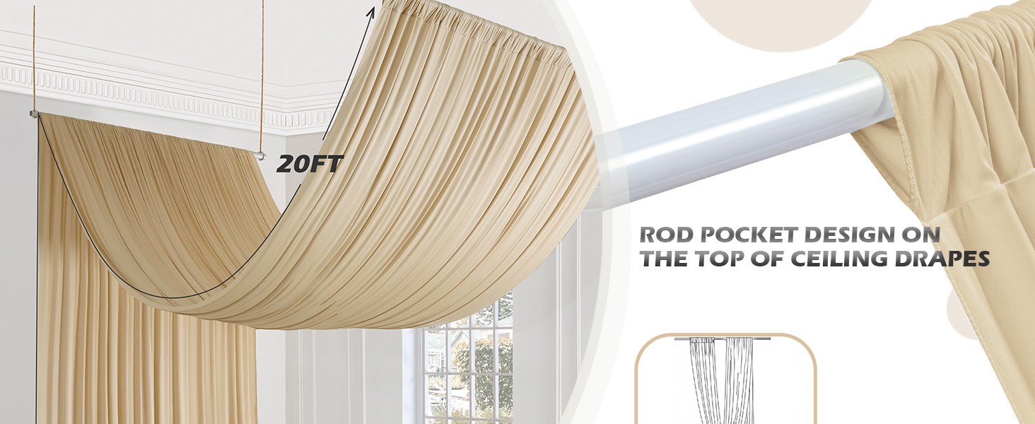 40 ft×20 ft Beige Ceiling Curtain Drapes for Weddings Parties,Wrinkle Polyester