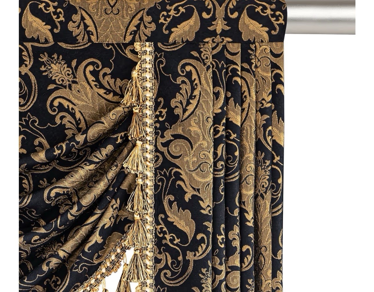 Loom&Mill Luxury Waterfall Valance Black/Gold 110W”x45L” Elegant/Gorgeous