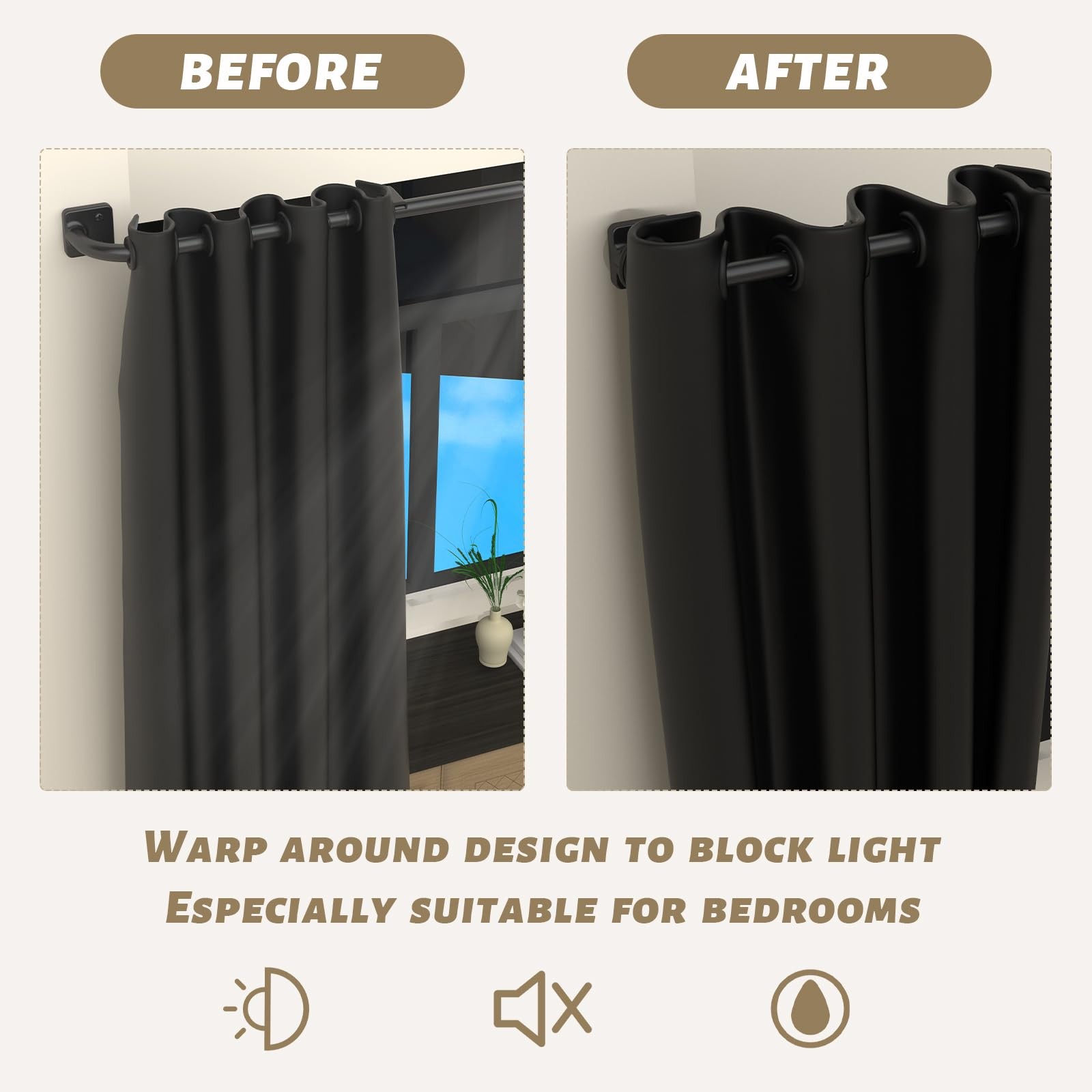 Black 5/8 Inch 3260 In Wrap Around Room Darkening Blackout Curtain Rod Set