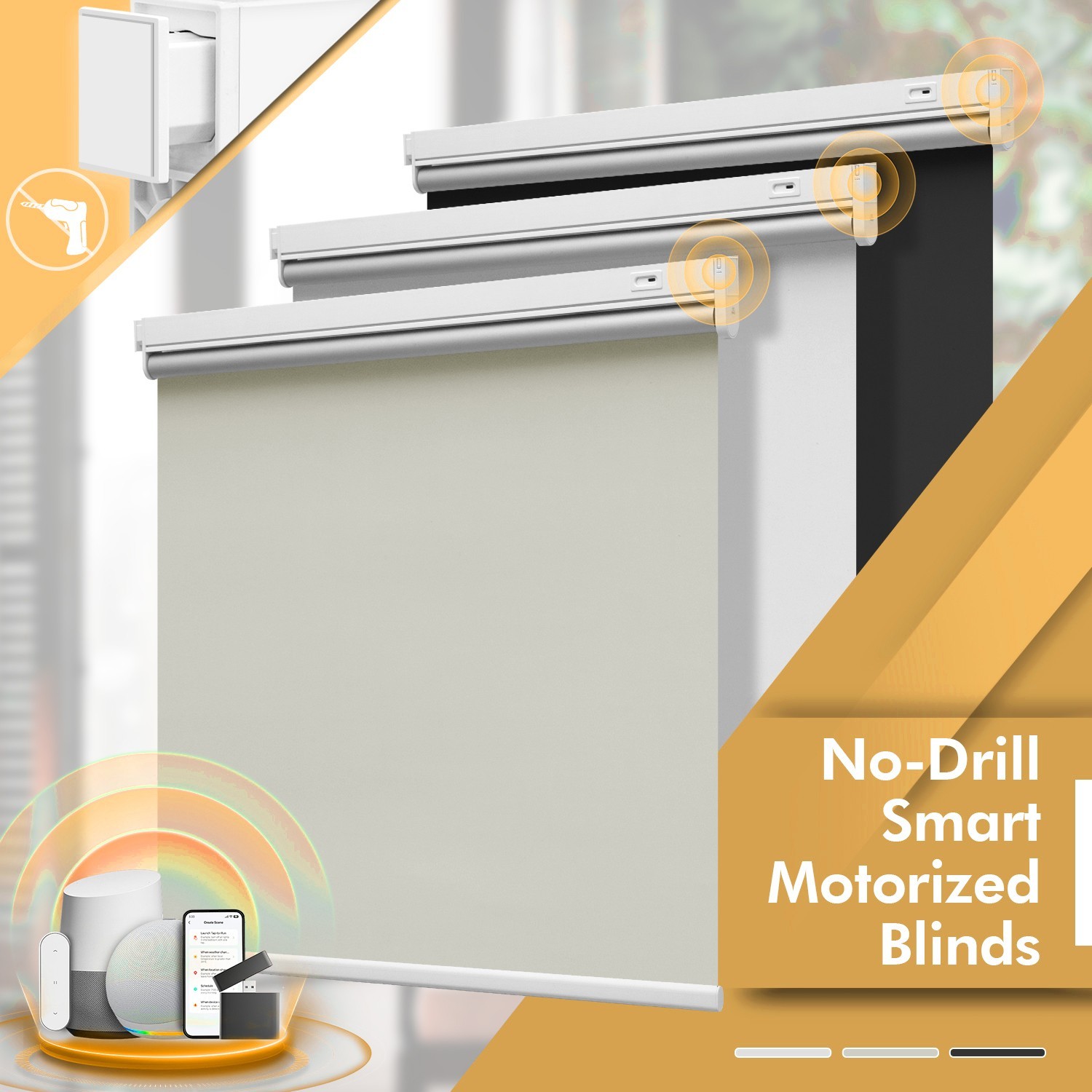 Cordless No-Drill Motorized Roller Blinds with Remote Control Solar Panel Includ