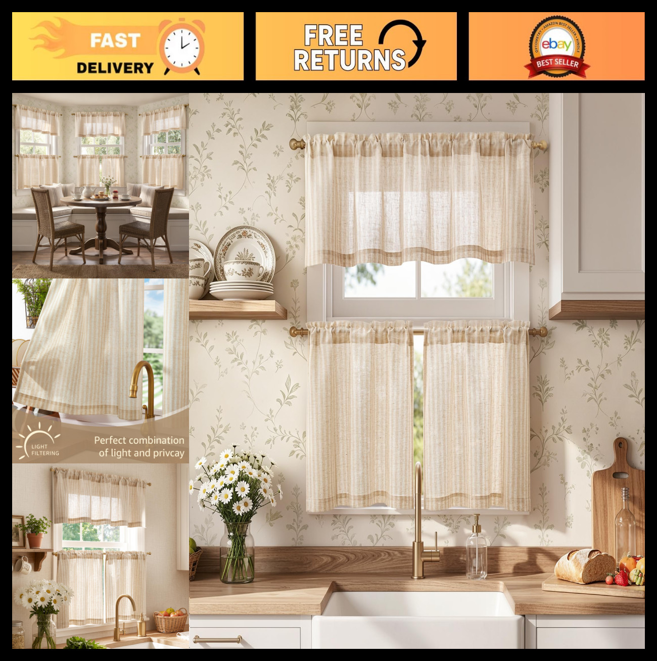 Striped Tier Curtains Set – Ticking Stripe Linen Cafe Curtains 24″ for Kitchen &
