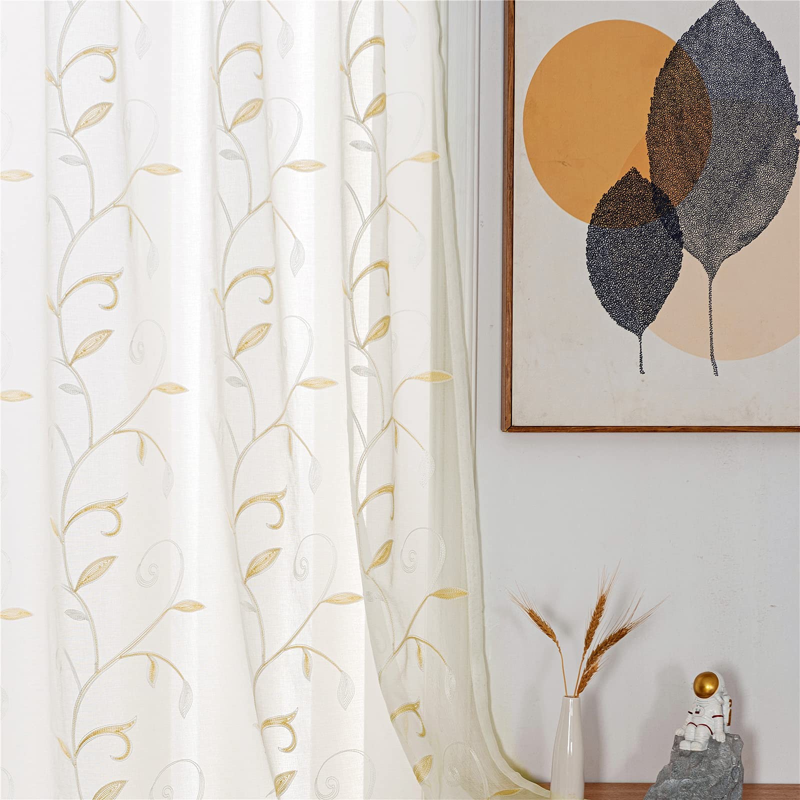 White Sheer Curtains Beige Embroidered Leaves 2 Panels 54Wx84L
