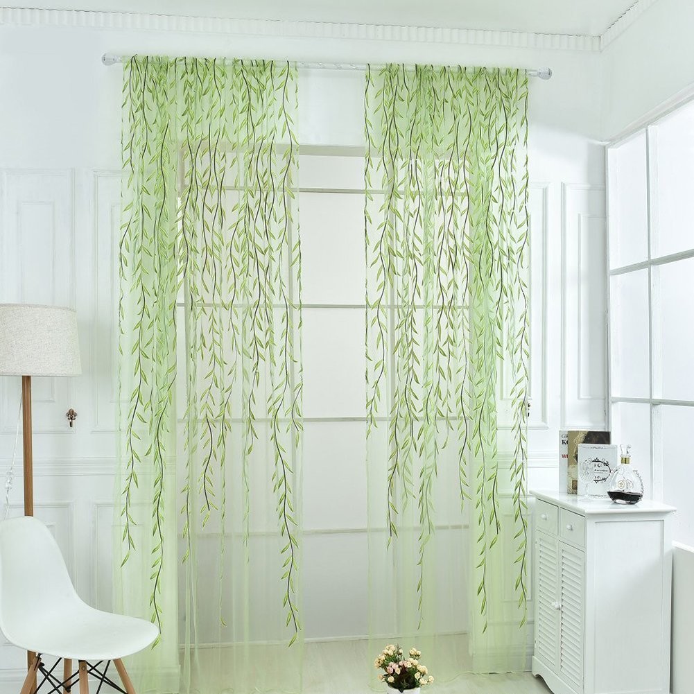 2 Pieces Willow Window Curtain Voile Tulle Room Salix Leaf Sheer Gauze Panel …