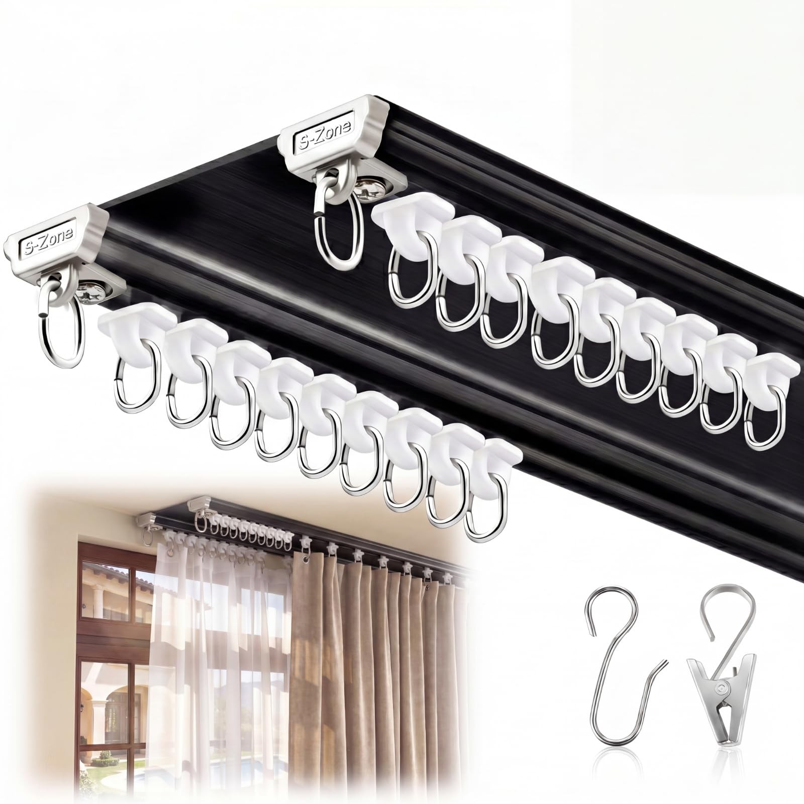 Juexica Ceiling Curtain Double Track Set 3ft-6.5ft/2 Meter Black Heavy Duty C…