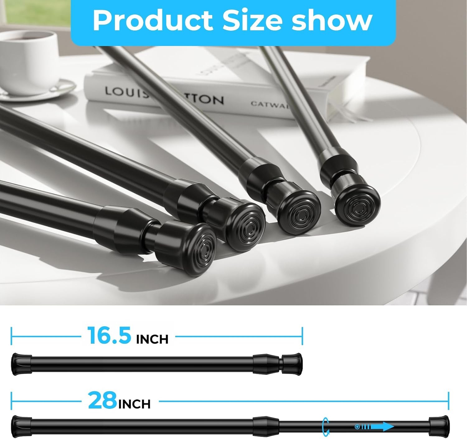 4pcs Black Tension Rod 16.5 to 28 Inch, Adjustable Tension Curtain Rod Spring