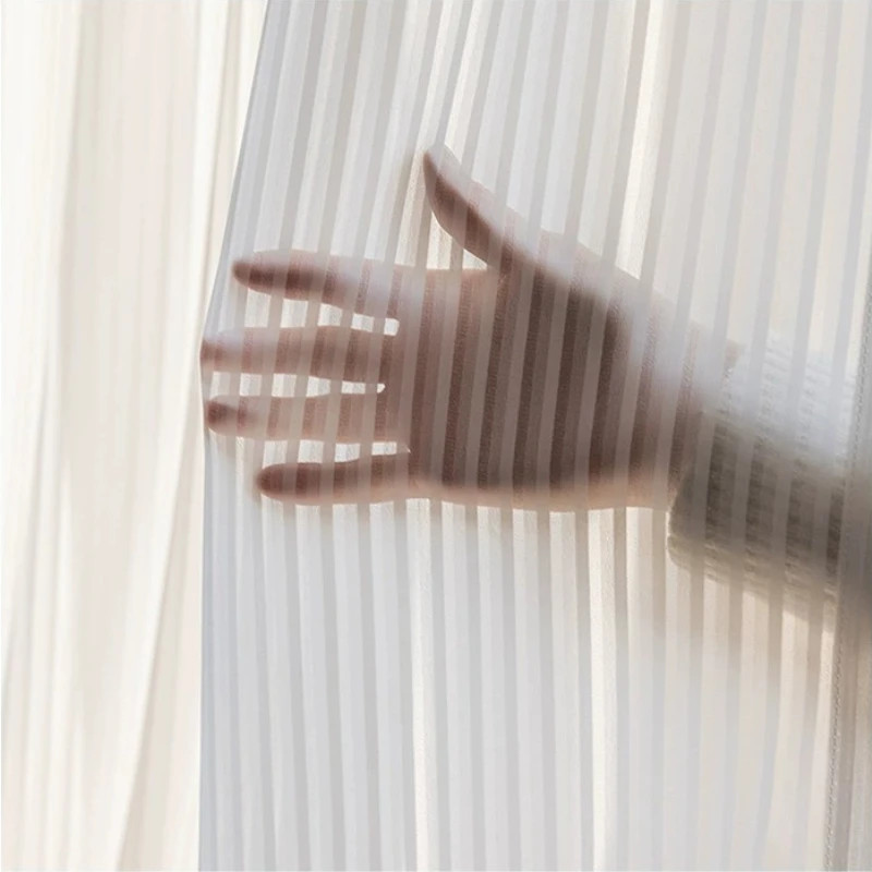 White Striped Sheer Curtain Panel Japanese Minimalist Tulle Window Drapes