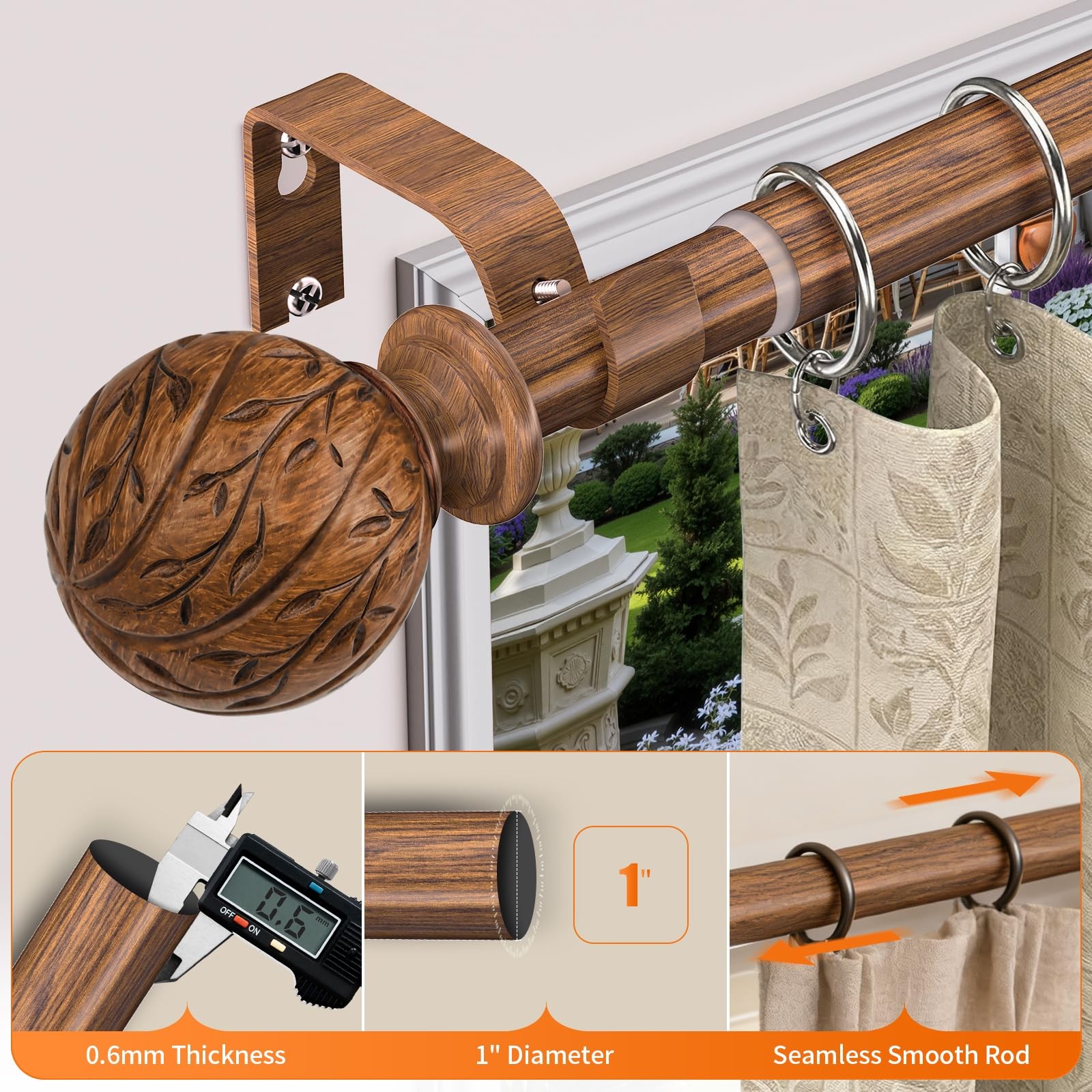 KVEEO Wood Curtain Rods for Windows 18 to 45 Inch, 1″ 18″-45″, Grain