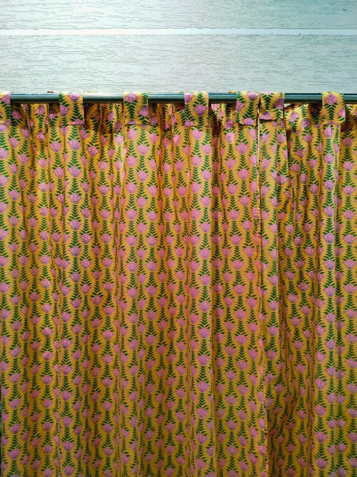 Yellow Block Print Cotton Curtain – Handcrafted Floral Pattern with Pink Flowers