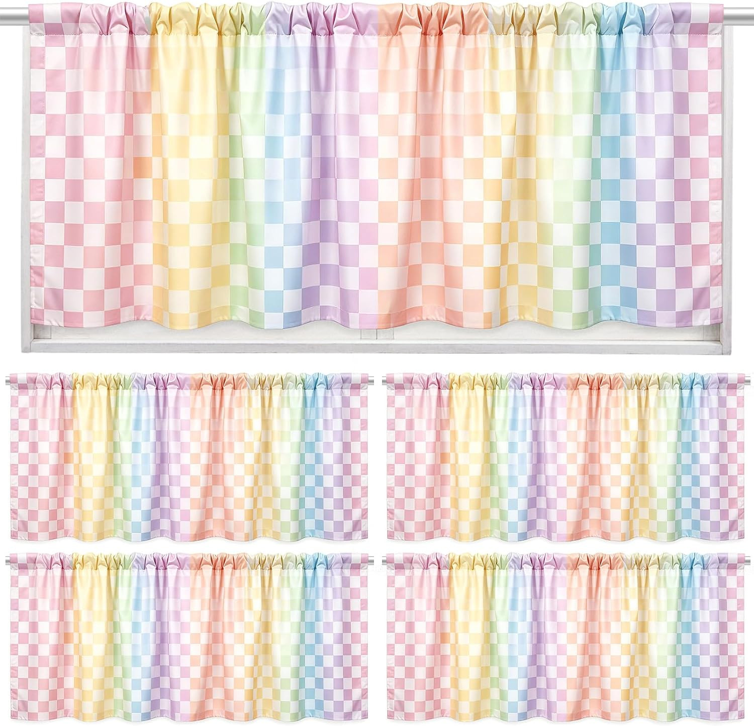 4PCS Pastel Checkered Classroom Curtains Rainbow Checkered Kitchen Valances for