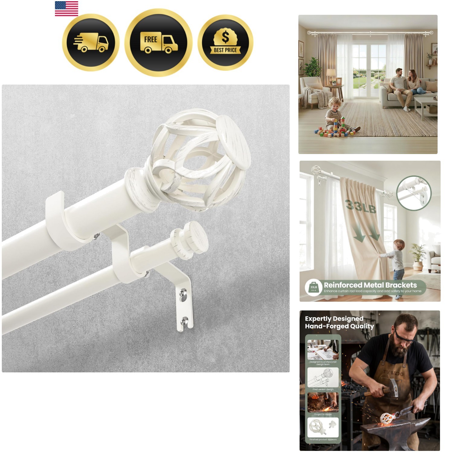 1 Inch Double Curtain Rod:White Adjustable Heavy Duty Curtain Rods for Window…