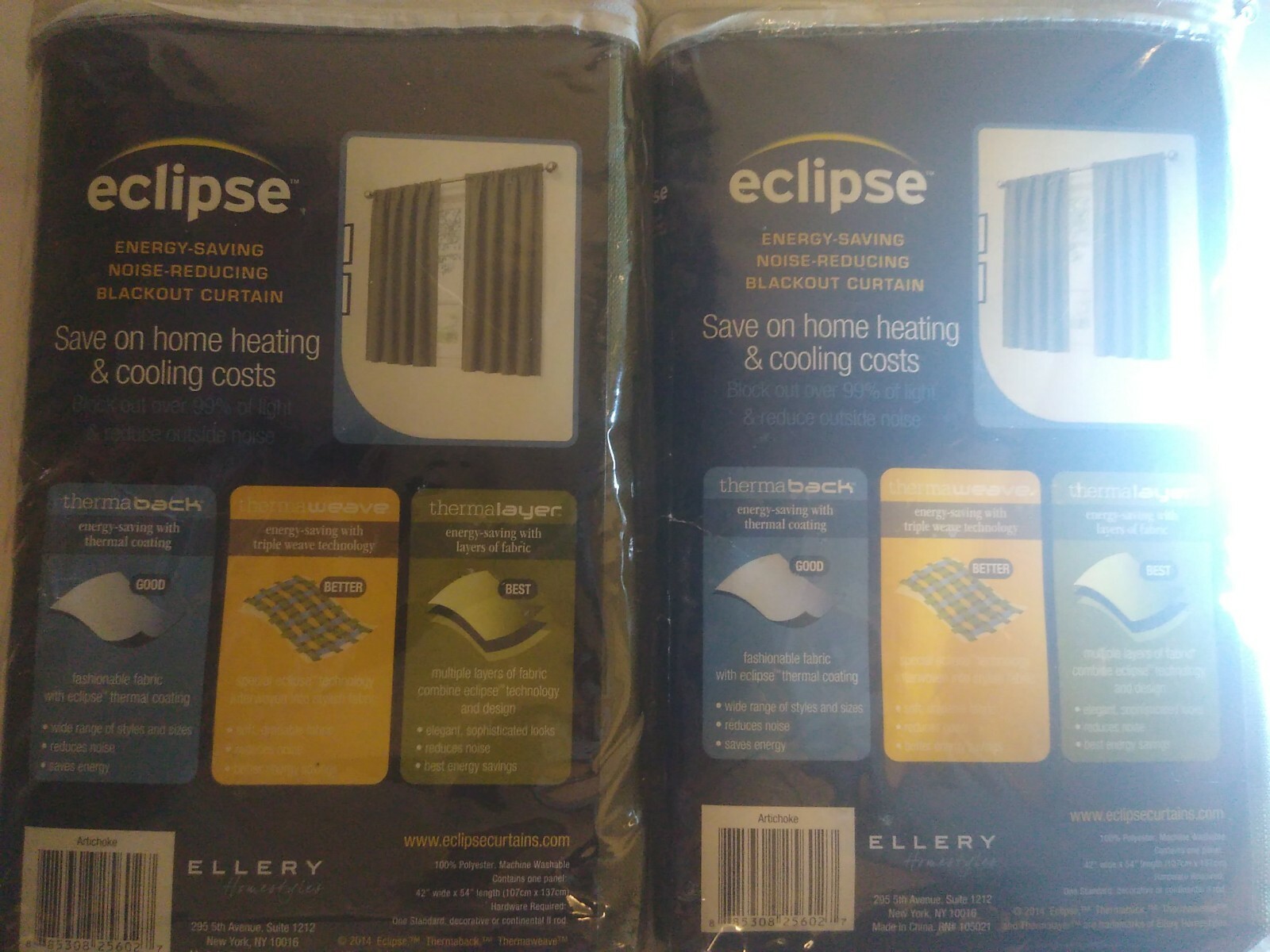 Esclipse therma back bedroom curtain blackout set 42in W x 54in L each artichoke