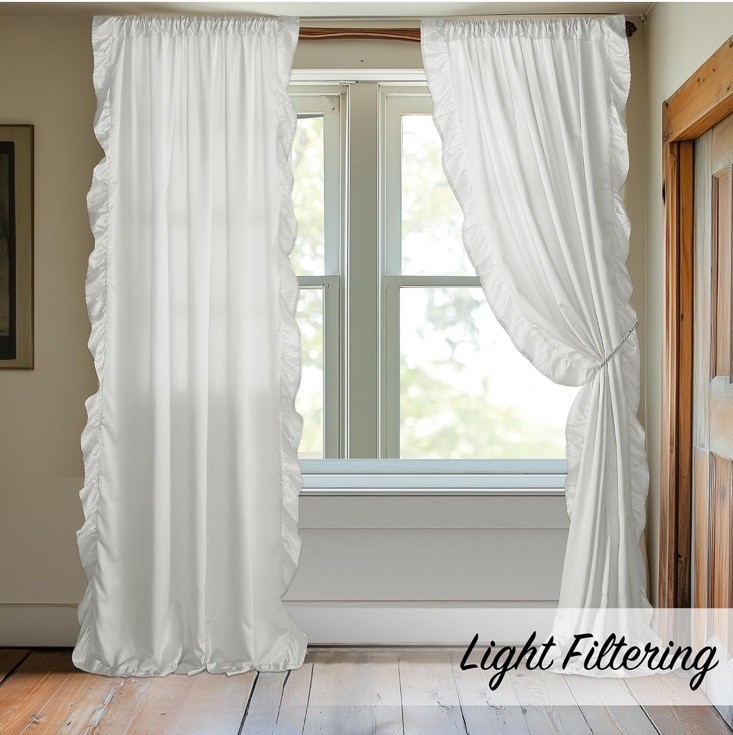 White Ruffle Curtains 52×84 Long 2 Panels, Premium Silky Satin Bedroom/living