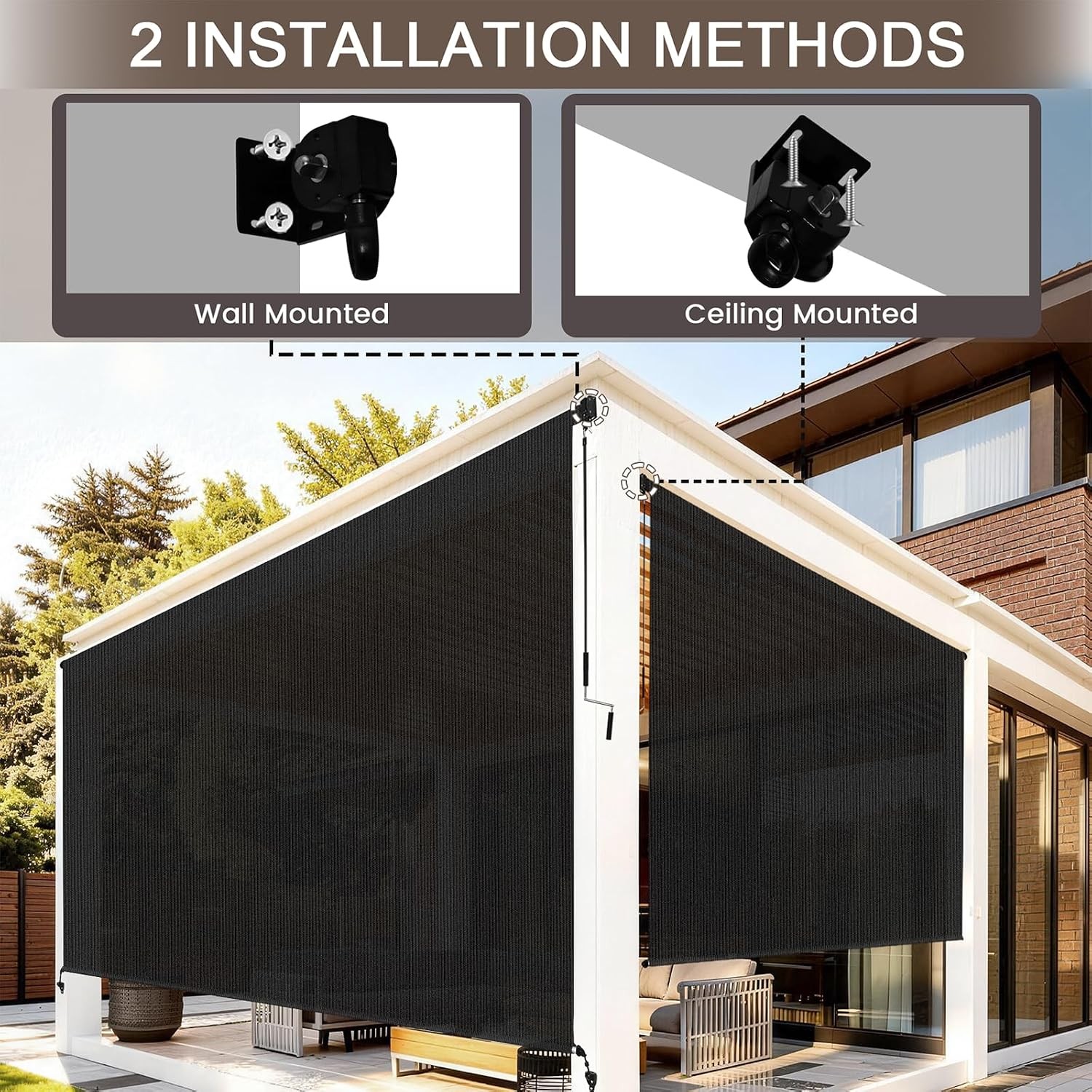 Outdoor Roller Shades for Patio, 10′ W x 8′ H Cordless Patio Shades Roll Up