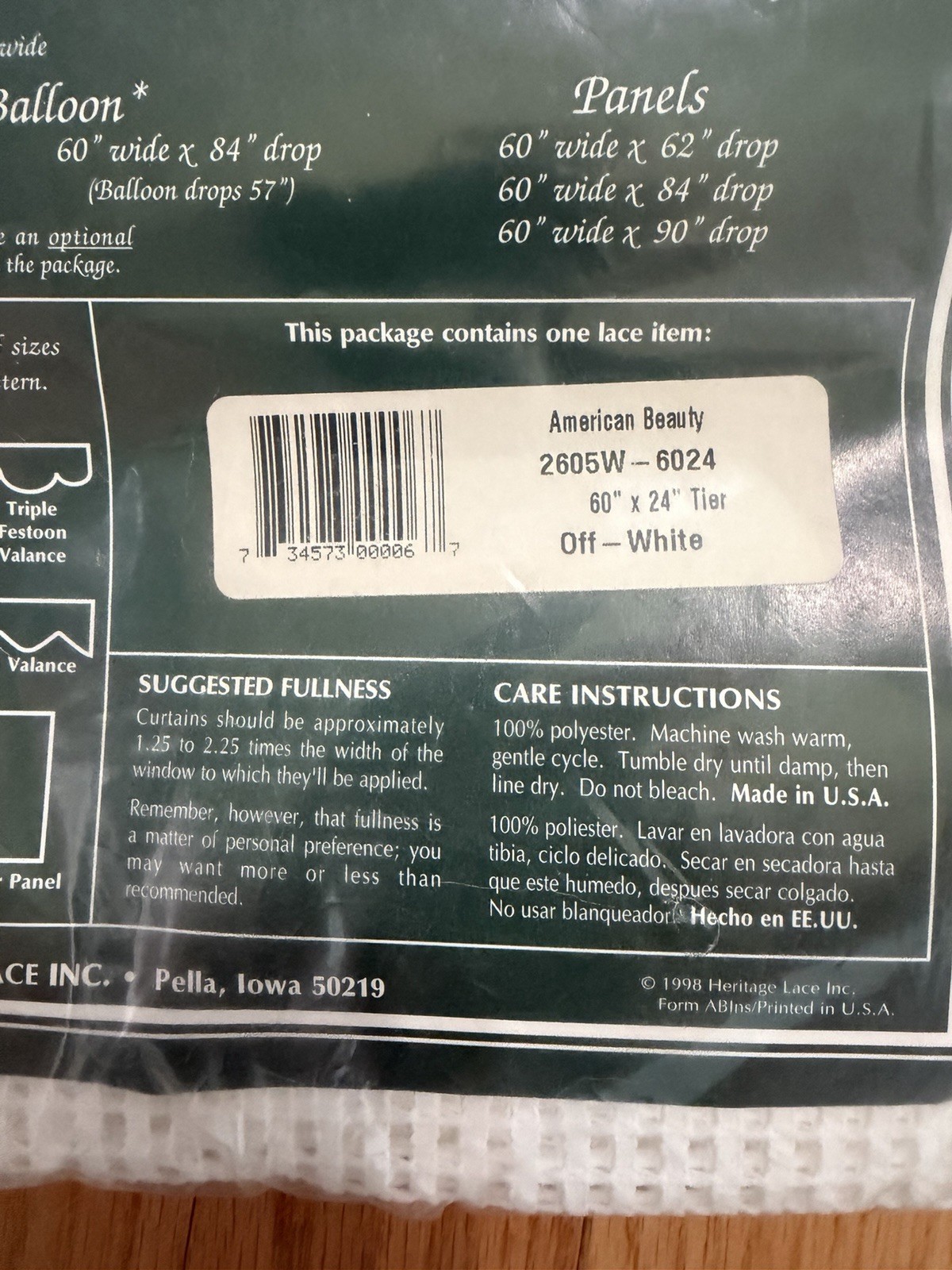 Heritage Lace Curtain- Off White 60 x 24” Tier American Beauty New In Package