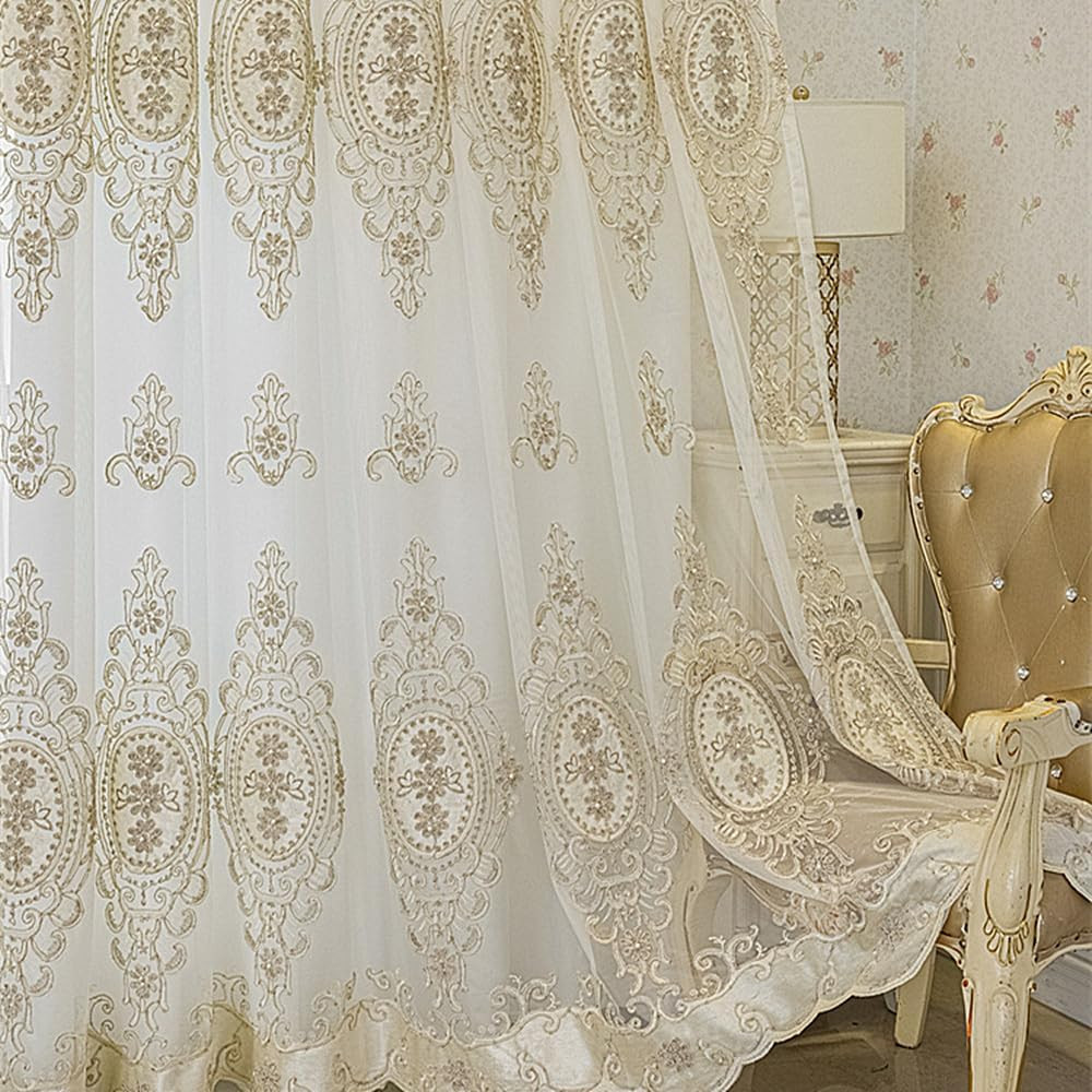 Luxury 3D Flower Embroidered Double Layer Curtains with Valances, White 51×102