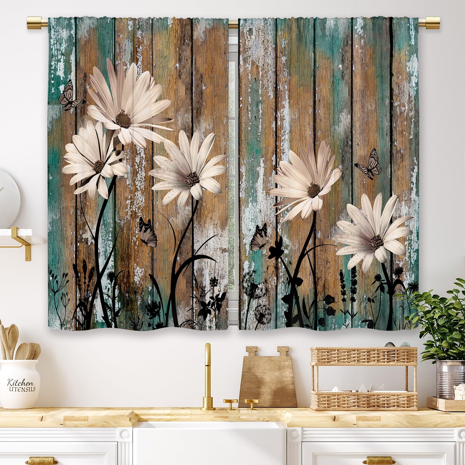 Teal Farmhouse Flower Kitchen Curtains Wooden Barn Small Short Cafe Window Curta