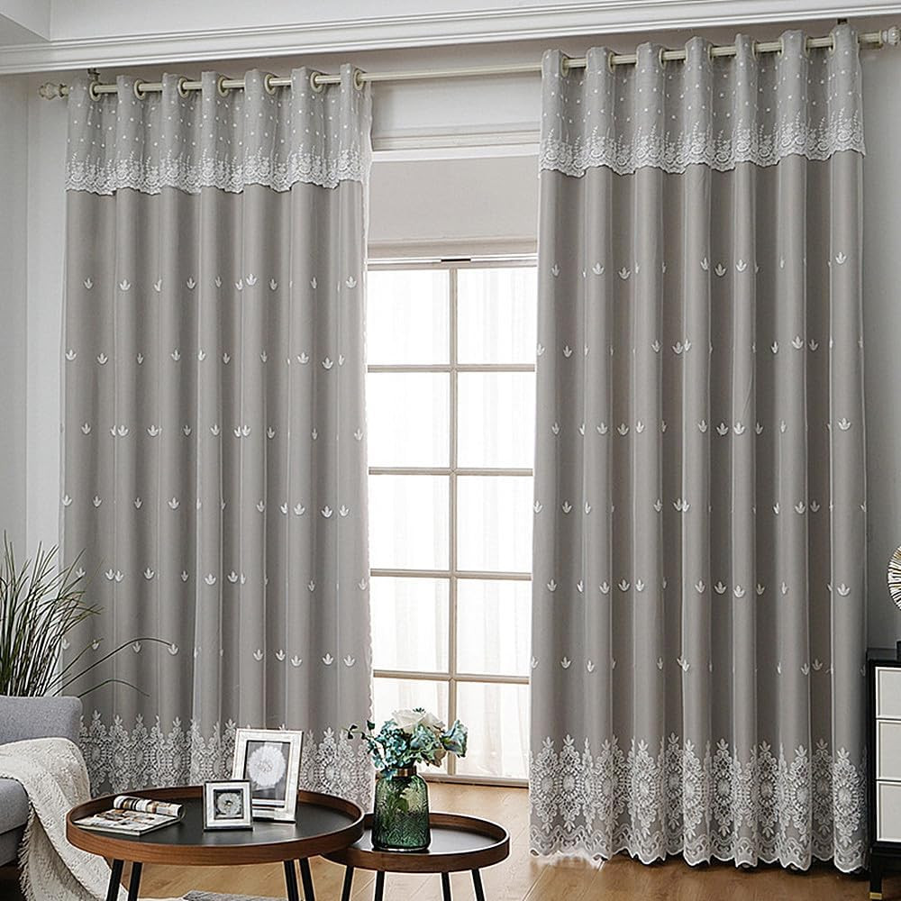 Grey Double Layer Embroidered Curtains with Valance, 54×96 Inch
