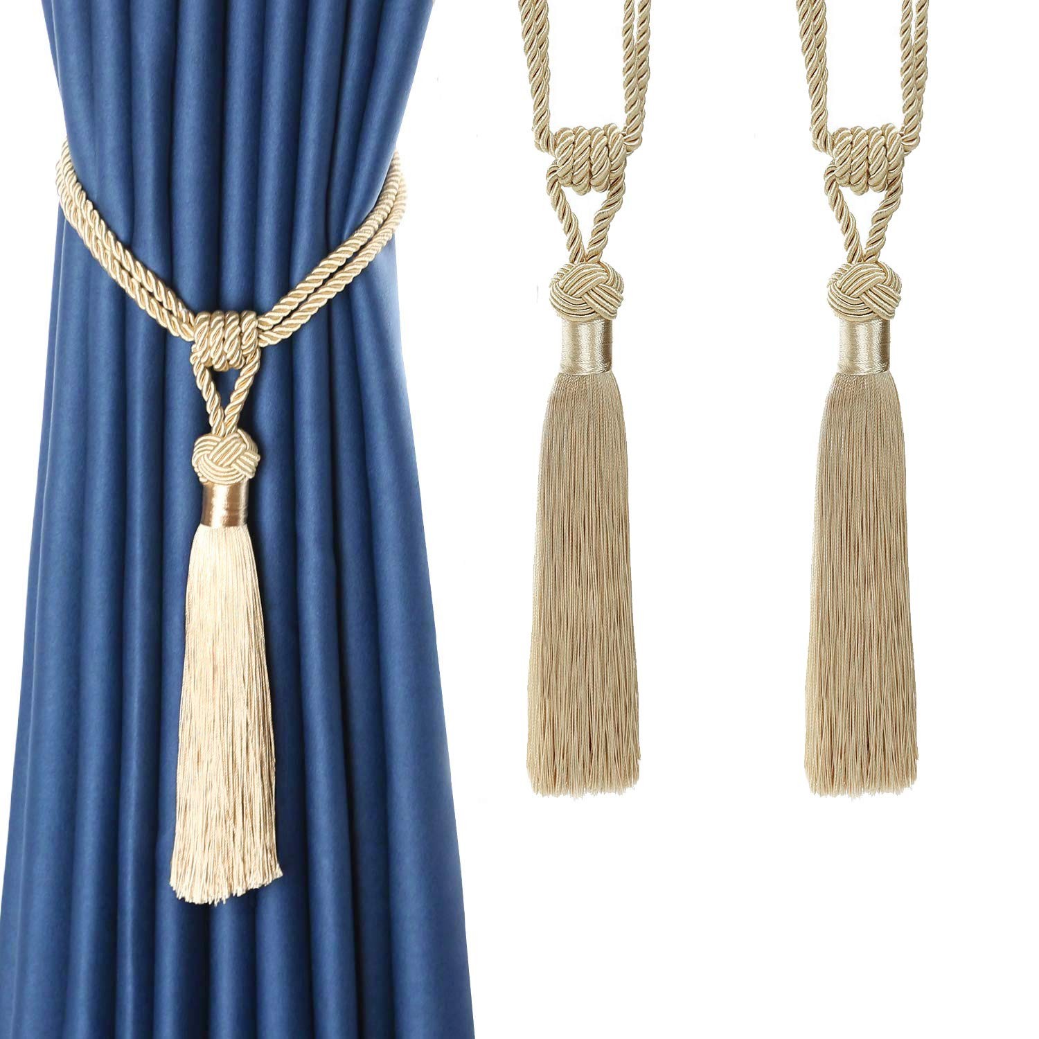 2 Pack Light Beige Curtain Tiebacks, Hand-Woven, Tassels, Decorative Holdbacks