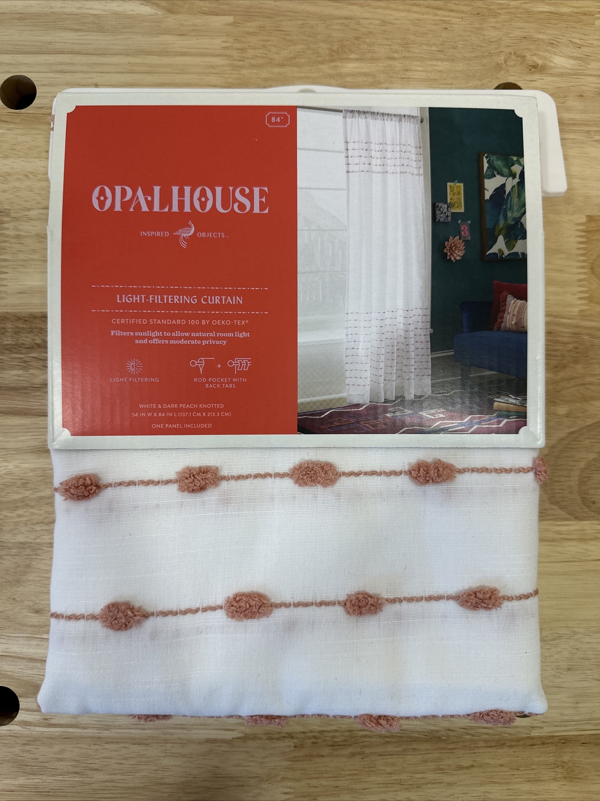 84″x54″ Kenzie Bordered Curtain Panel White Dark Peach Knotted Opalhouse