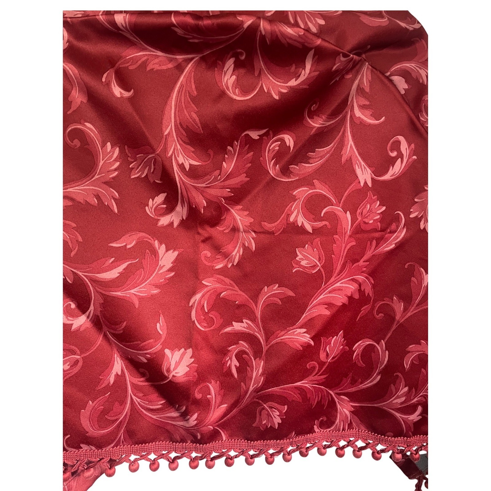 Springs Global Burgundy Damask Floral Satin Window Valance Set of 4 Pom Fringe