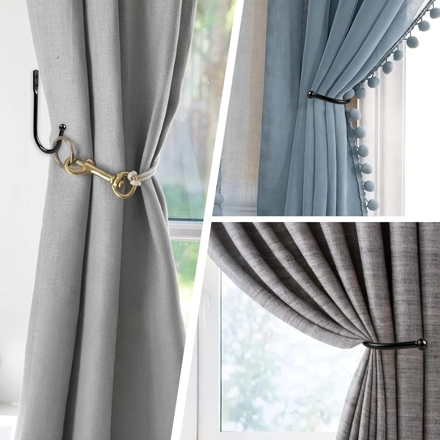 4-Pack Curtain Holdbacks – Screw-In Curtain Tiebacks – Black Wall Mounted Hooks
