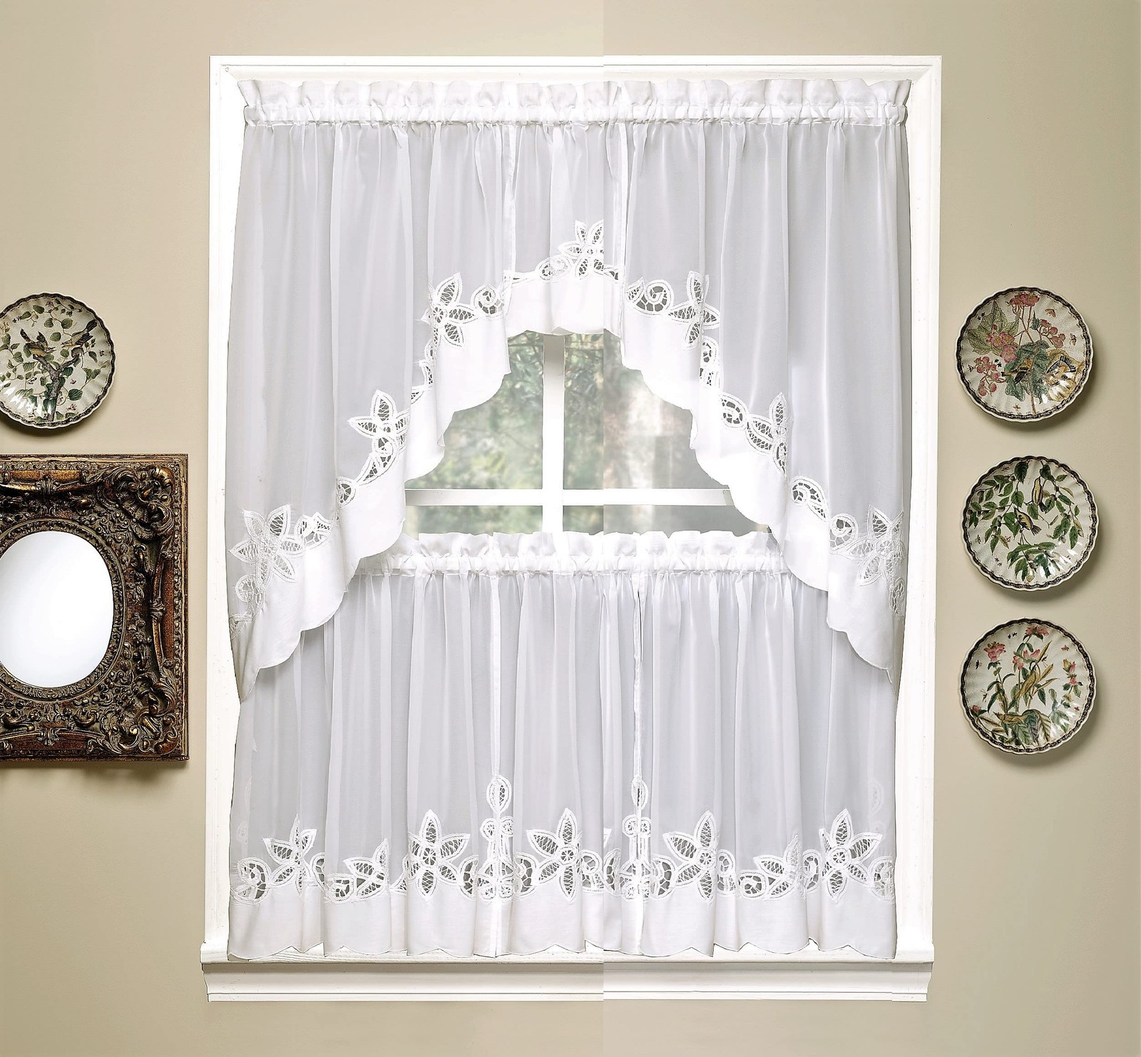 Plymouth Classic Battenburg Applique Sheer Window Tier, 36-Inch, White