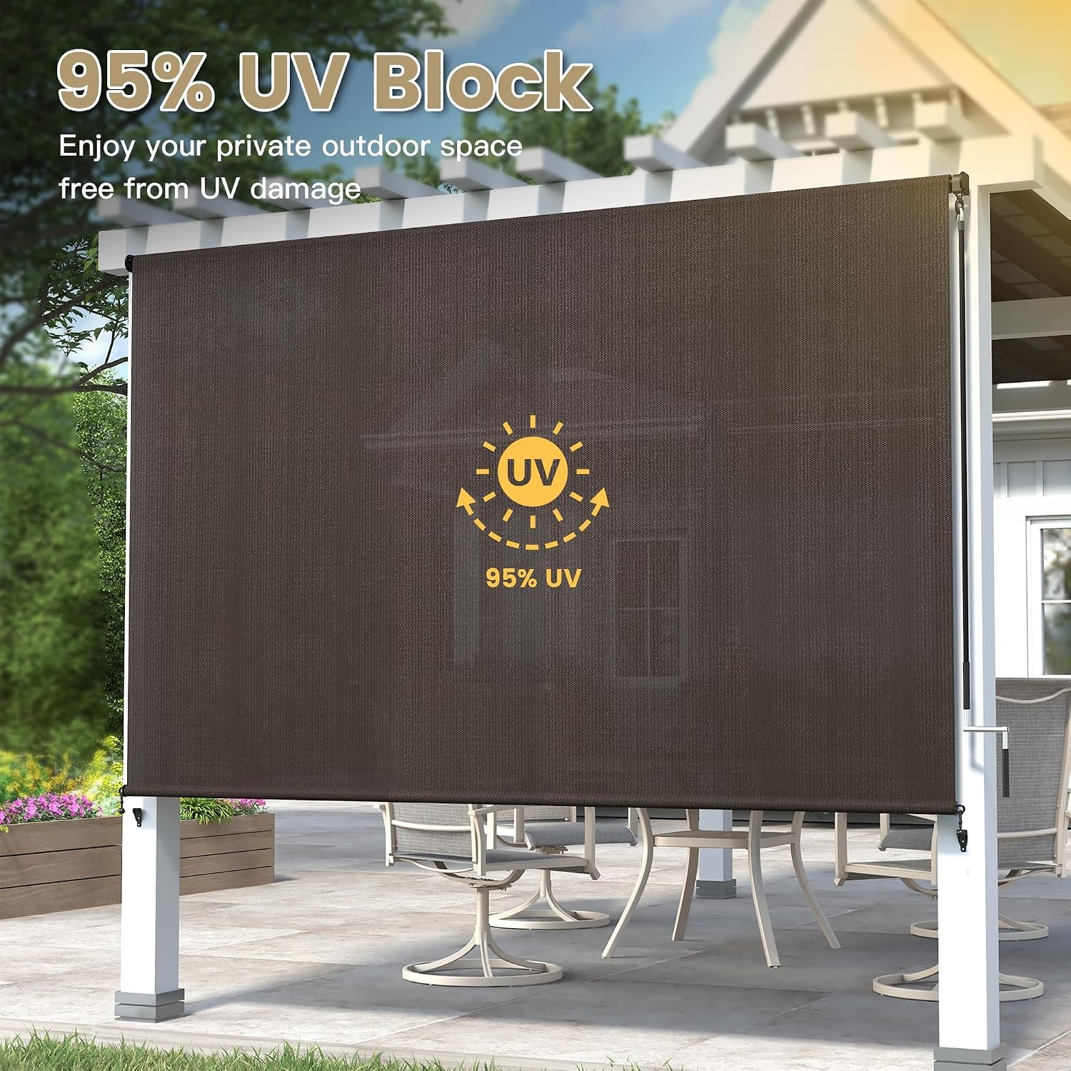 Outdoor Roller Shade 10′ W x 8′ H, Exterior Cordless Patio Shades Roll Up Blinds