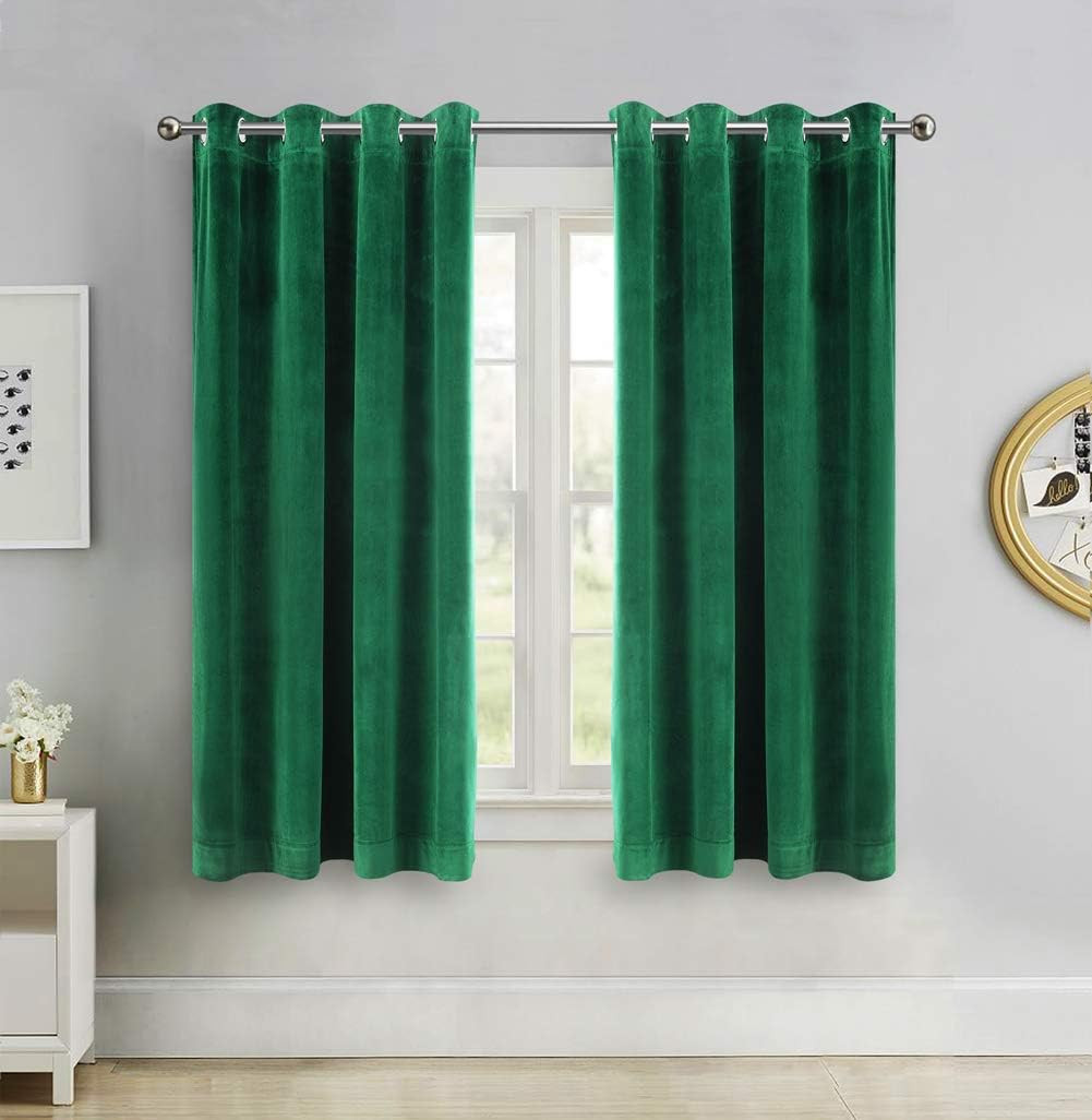 Green Velvet Curtains 52 X 63 Inch, Blackout Thermal Insulated