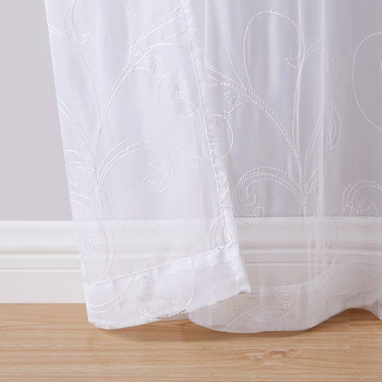 Scroll Rod Pocket Sheer Curtain Panel, 1-Piece, White/Grey, 38″ W x 63″ L
