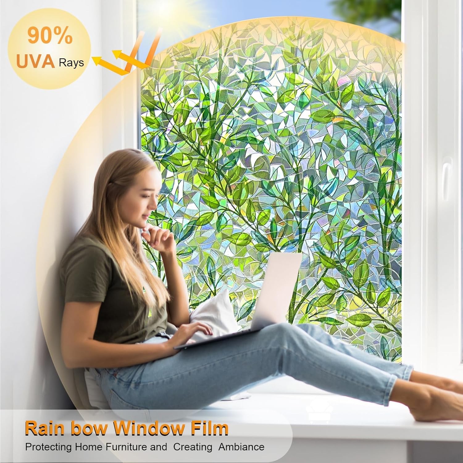 Window Privacy Film Stain Glass 17.5 x 78.7 in, Leaf Rainbow