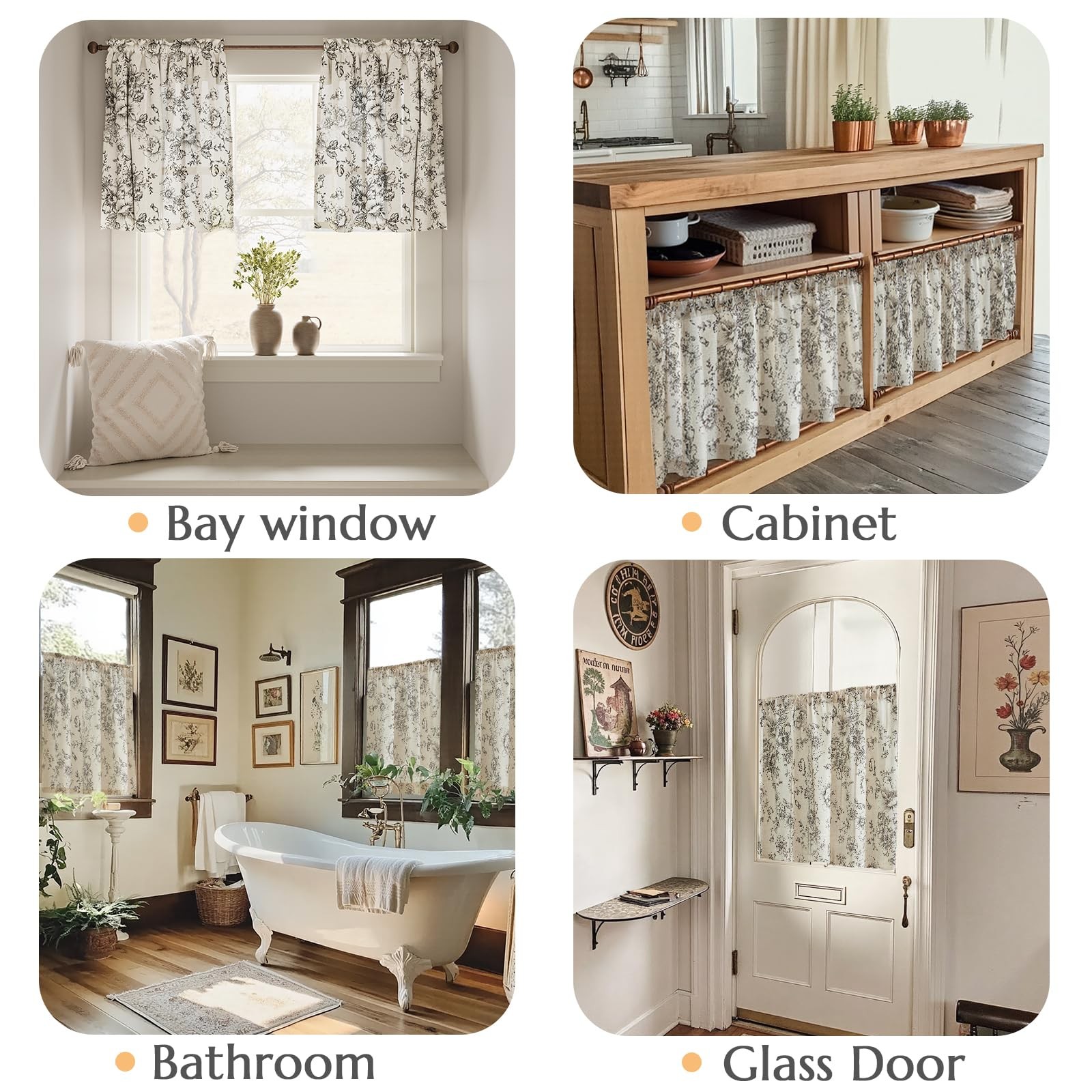 Linen Cafe Curtains 24 in Black Floral Farmhouse Tier 2 Panels