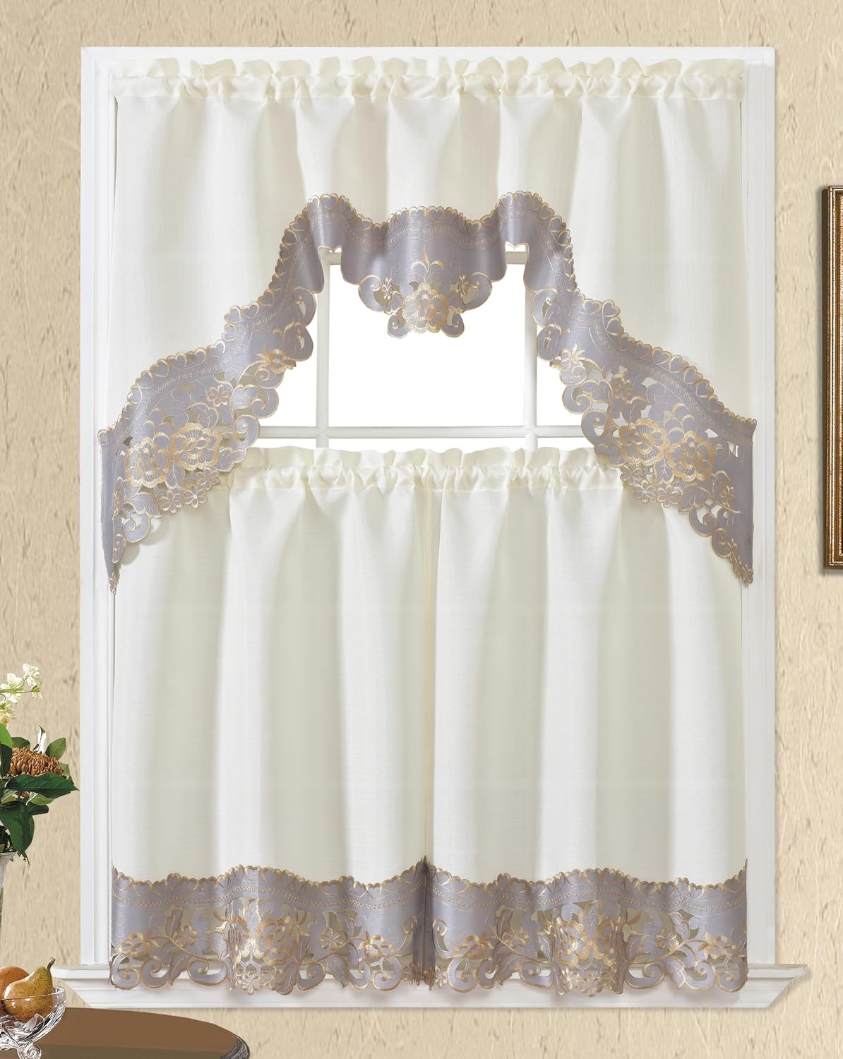GOHD Arch Rosarium 3pcs Kitchen Curtain Set, Elegant Ivory Fabric with Rose Embr