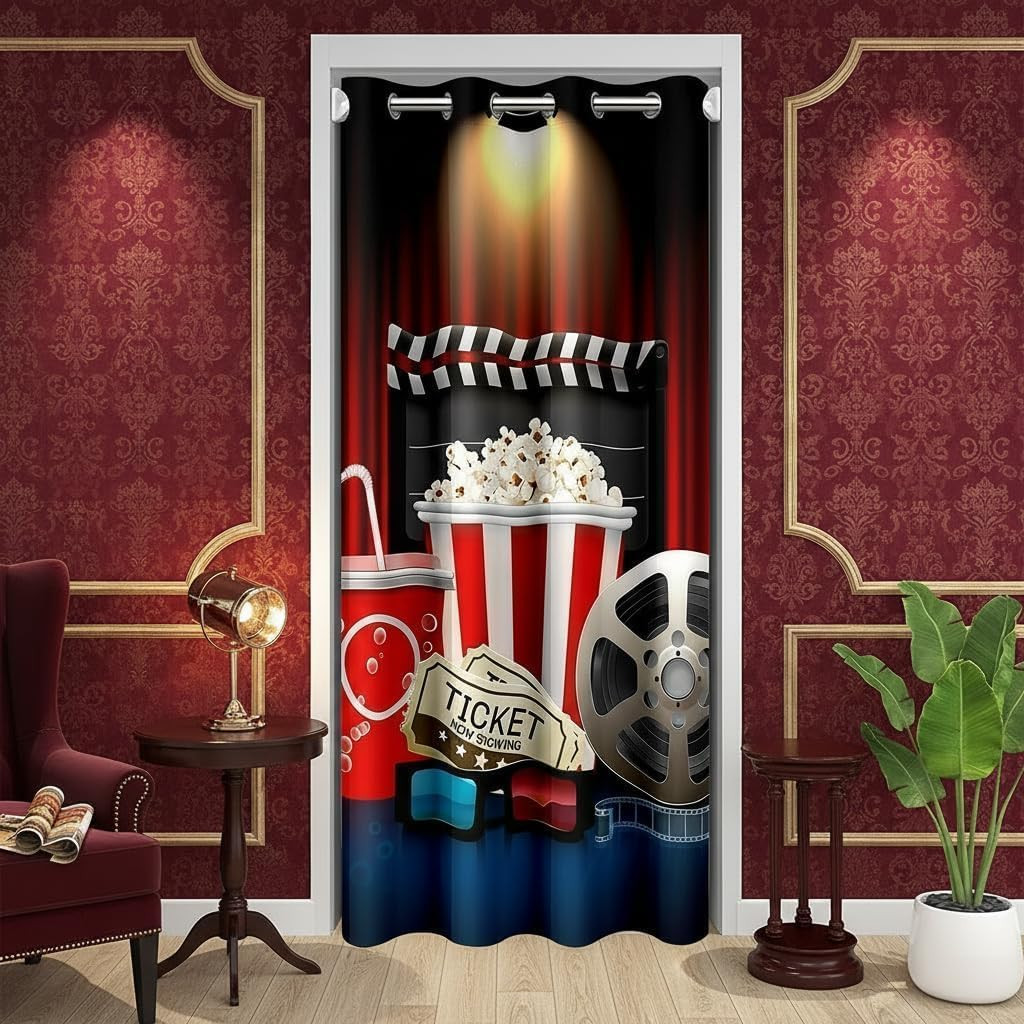 Movie Theme Door Curtain Tasty Food Cute Popcorn Cola Blackout Curtain for Bedro