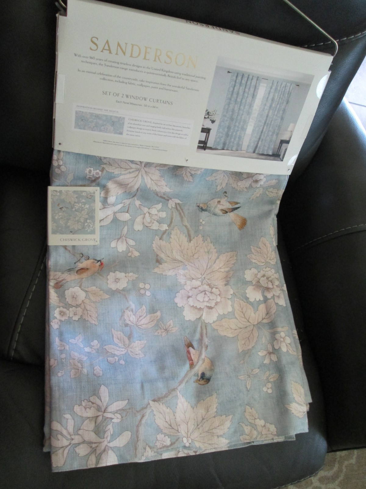 Sanderson Blue Bird Toile Curtains 50×84 Set 2 Panels French Country Cottage