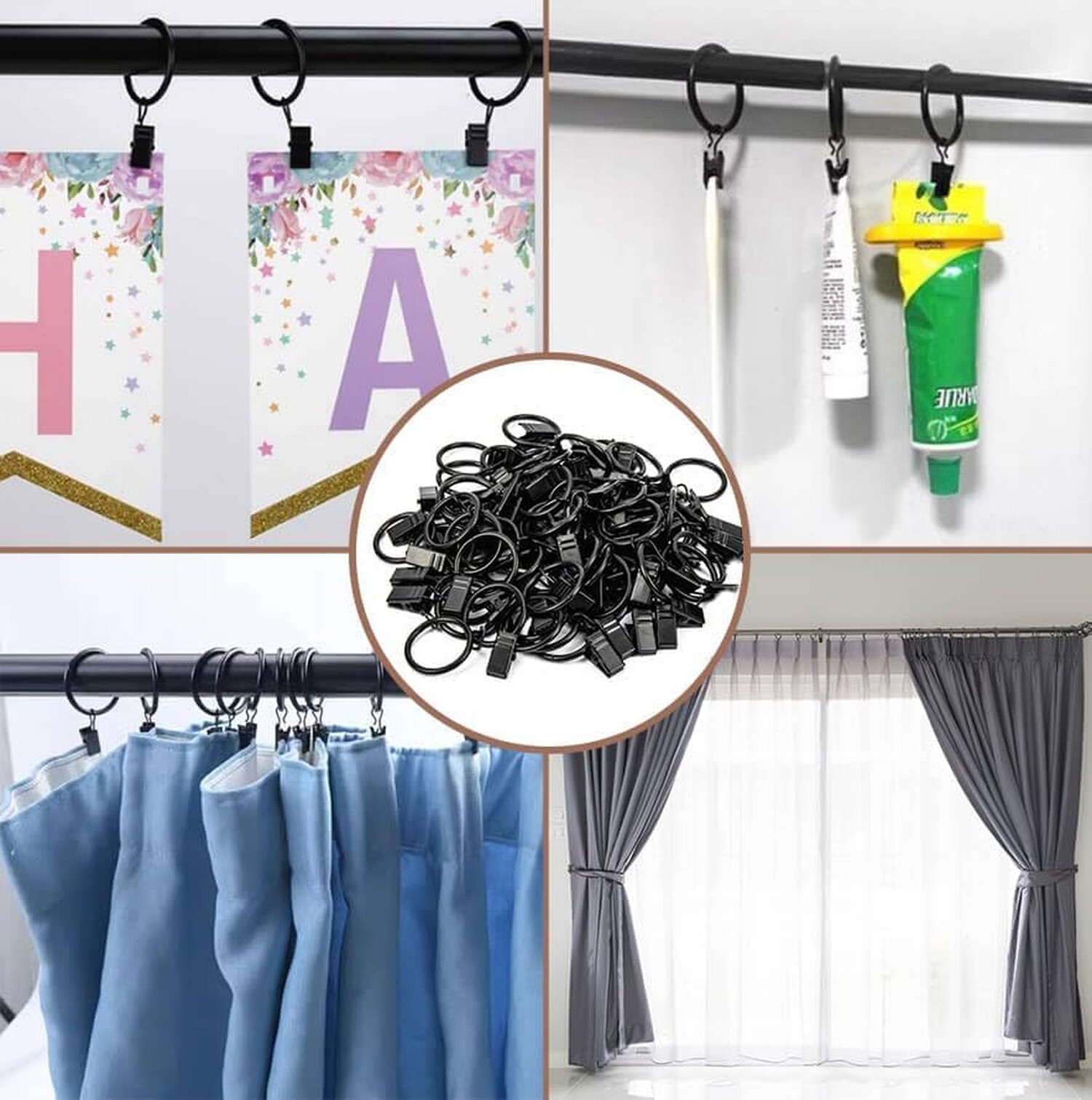 50PCS Curtain Rings with Clips – Curtain Clips Black Drapery Rings with Faste…