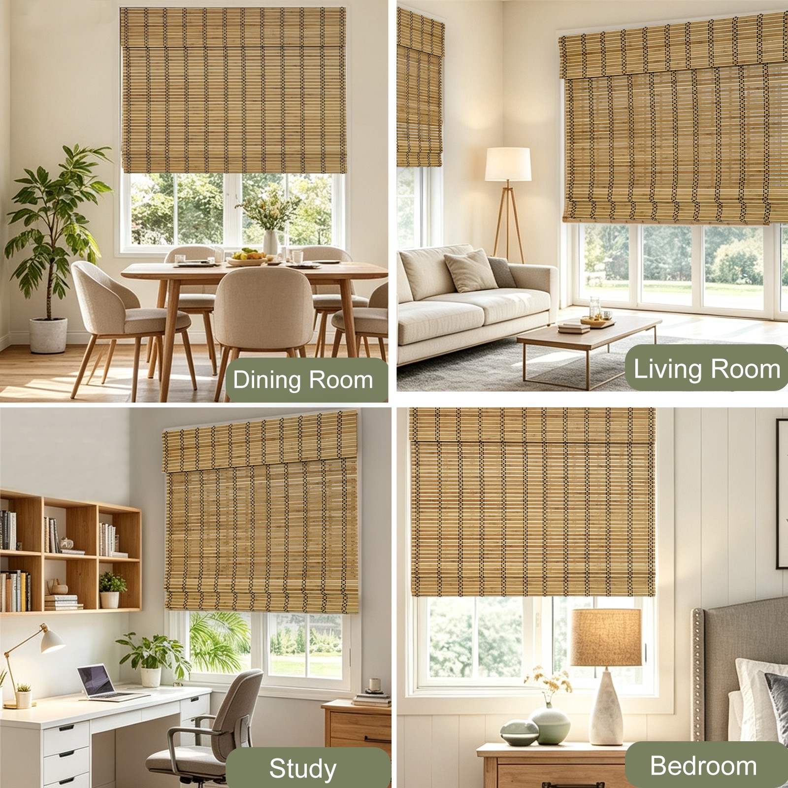 Changshade Cordless Bamboo Window Blinds Sun Shade, Light Filtering Roman Blinds