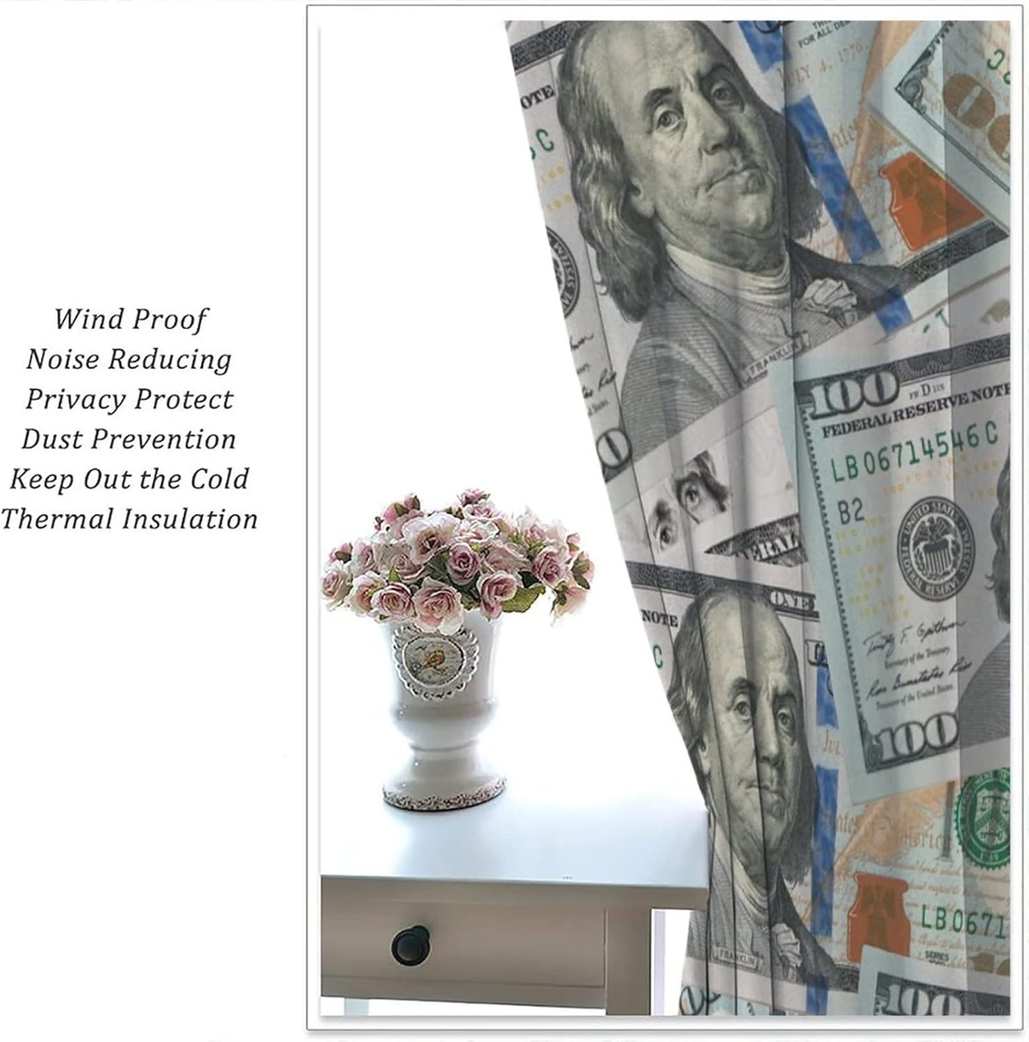 Money Print Blackout Curtains for Bedroom – Retro United States Money 100 Dollar