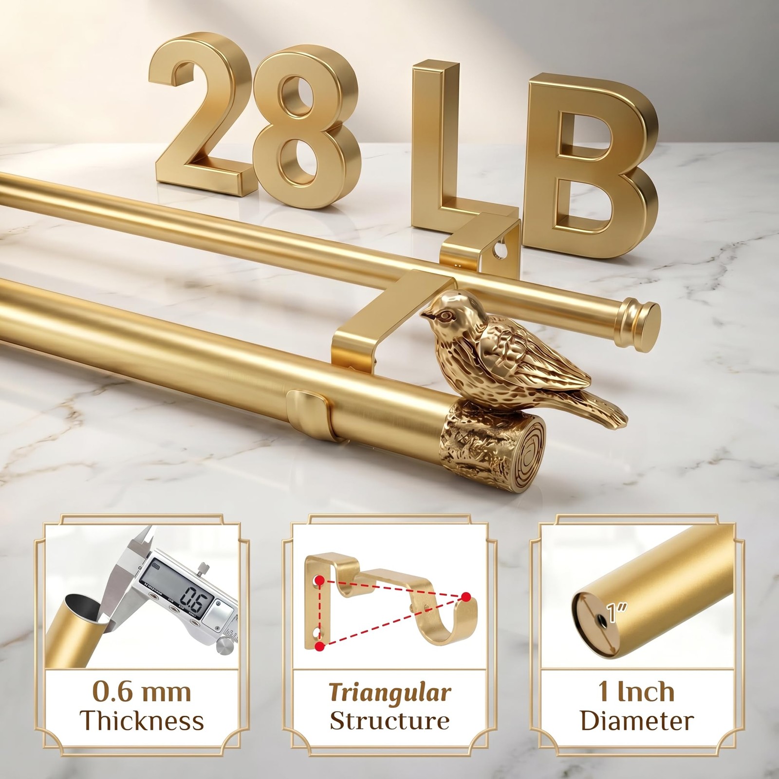 Double Curtain Rod with Bird Finial, For Window 24-68 In, Gold Drapery Rod
