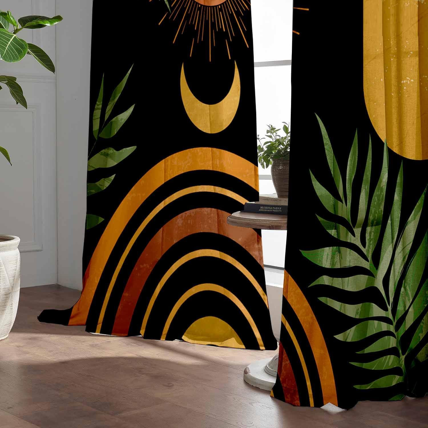 Black Boho Curtains 63 Inch Length 2 Panels, Mid Century Modern Curtains Light F