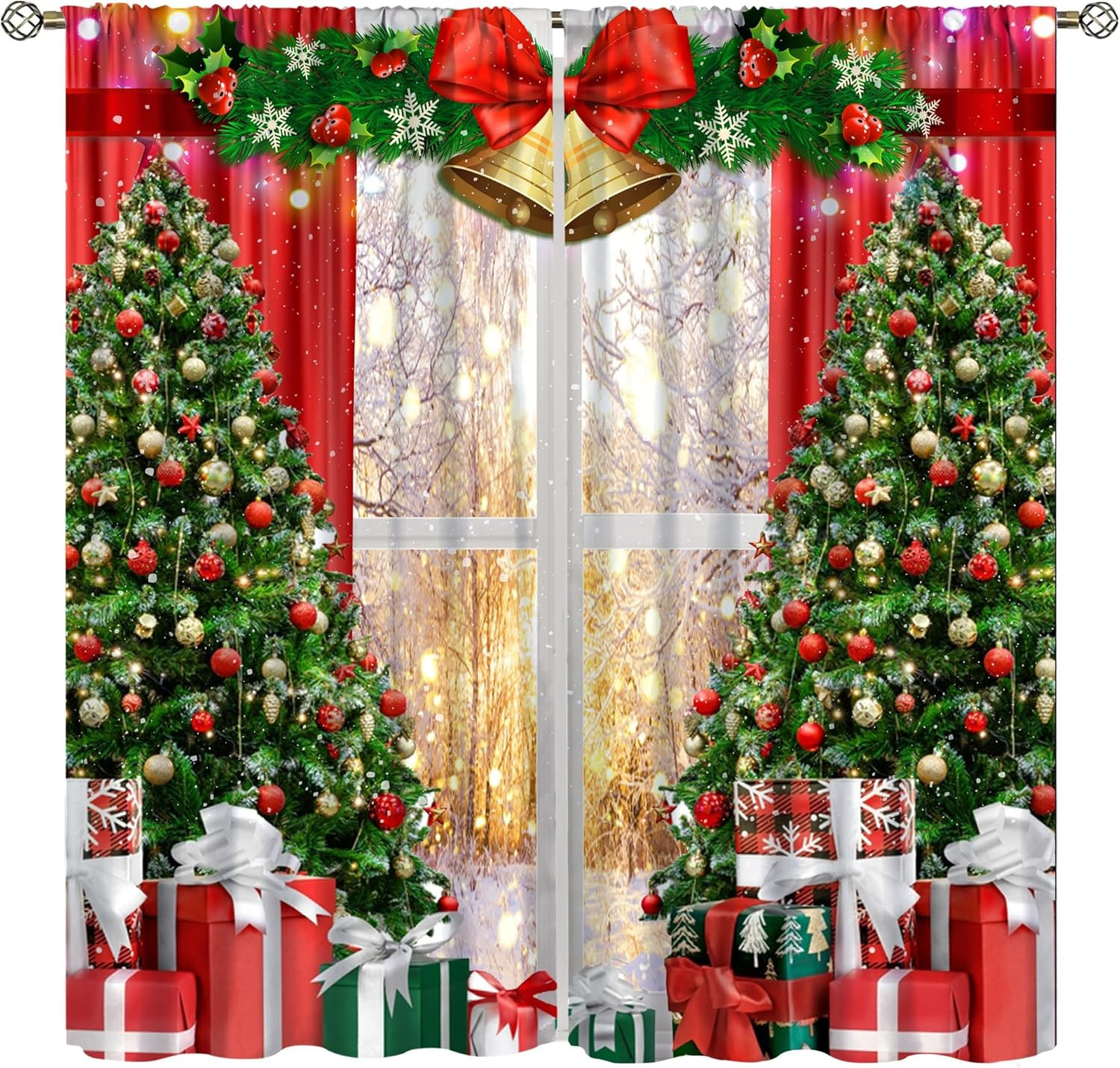 Festive Christmas Window Curtains with Snowy Tree & Bell Design, 84×84 Inch