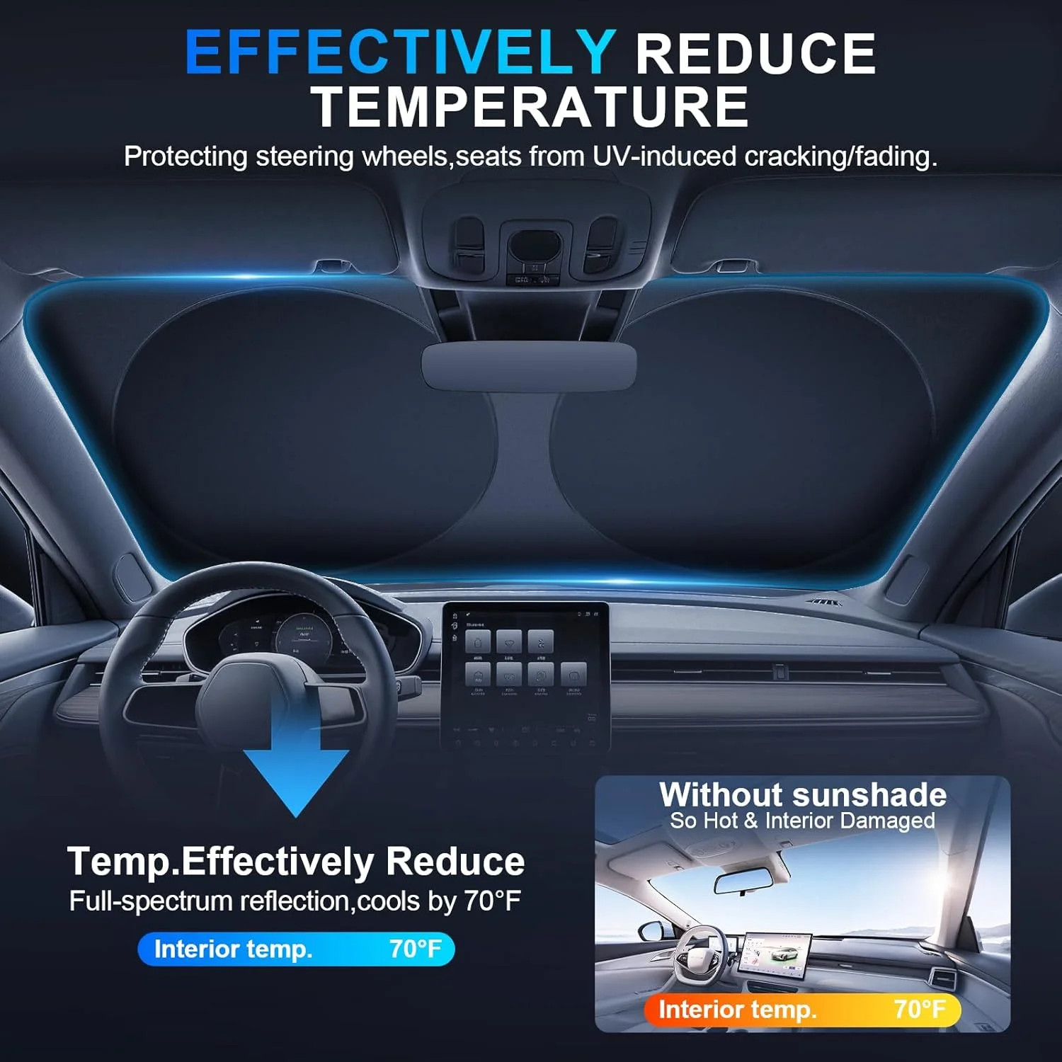 (Large63 x 35 in), Car Sun Shade Windshield – Foldable, Blocks 99% UV Rays, Sil