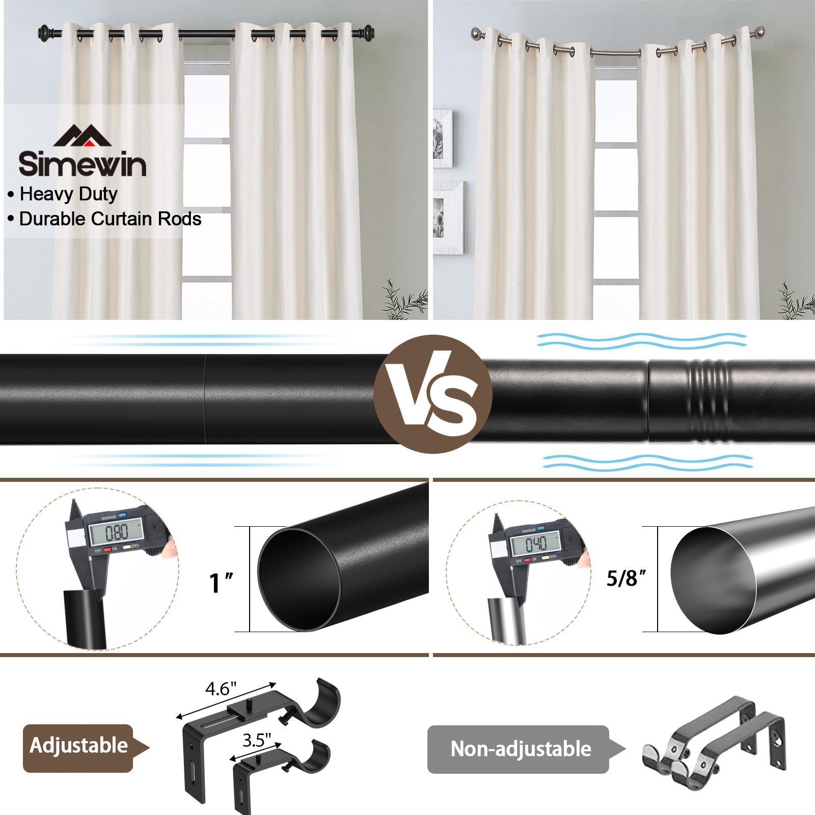 SIMEWIN Black Curtain Rods for Windows 72 to 144 Inches Adjustable Decorative…