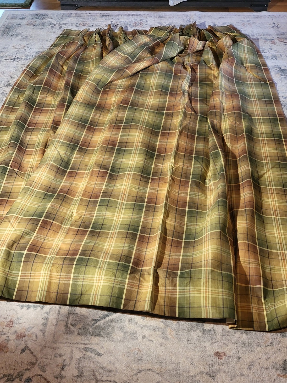 CUSTOM LONG LINED PLAID TARTAN PLEATED PINCHED DRAPES GREEN BROWN, EXCELLENT