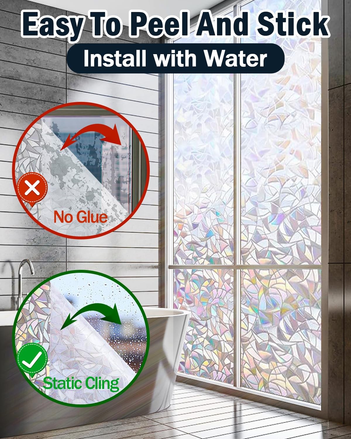 Rainbow Window Privacy Film with Installation Tools, 3D Decorative, Stained G…