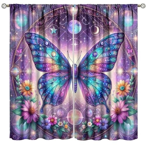 Fantasy Purple Floral Butterfly Curtains 20.5″W x 45″L (Pack of 2) Style-1
